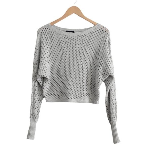 Express Waffle Crochet Metallic Acrylic Gray Knit Sweater Crop Top Size XS/TP - Picture 2 of 10